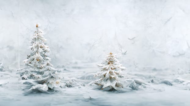 Frozen fir tree covered in frost on a snowy winter landscape.. artificial art