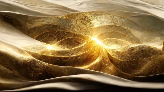 Abstract art fluid golden waves background full frame with bright lightning. Artificial Art.