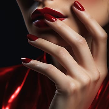 Glamour woman hand with classic red nail polish on her fingernails. Red nail manicure with gel polish at luxury beauty salon. Nail art and design. Female hand model. French manicure. Generative AI.