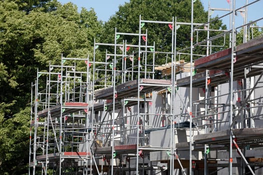 Scaffolding, Construction Site, Shell, Modern White Residential Building, Germany
