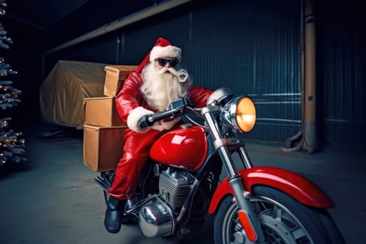 Cool and funny image of santa claus with sunglasses sitting on a motorbike with presents