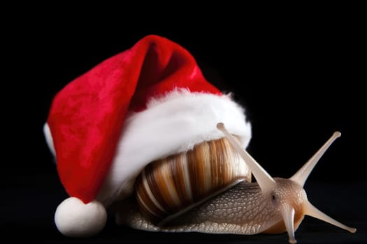 Funny snail wearing a santa claus hat on shell, isolated on black background