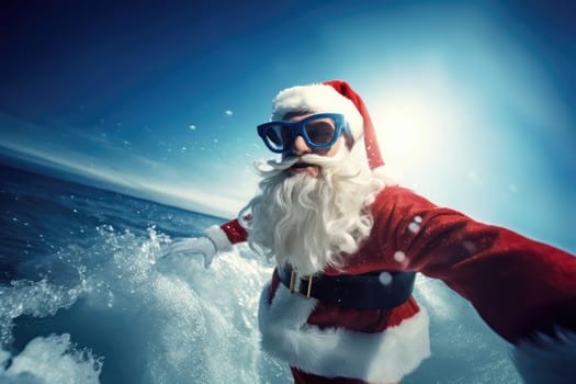 Cool santa claus wearing sunglasses surfing on surfboad in the ocean