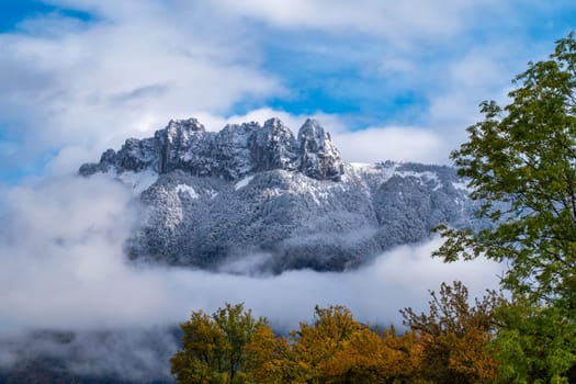 the snowy mountains in autumn in the Alps