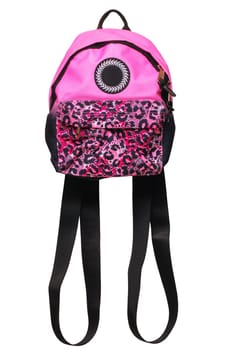 Closeup of a colorful pink red black comfortable school backpack isolated on a white background. Concept back to school. Clipping path. Macro.