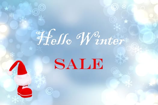 Hello winter sales with discount up to 50% off.  Texture with santa claus boots and lettering on abstract background. Card, flyer, banner and promotion concept.