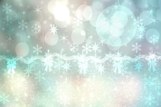 Abstract blurred festive green white winter christmas or Happy New Year background texture with shiny bokeh circles and stars. Card concept.