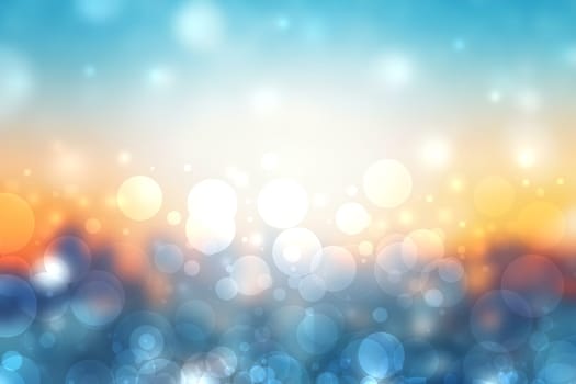 Abstract sunset illustration. Abstract evening or sunset mood background texture with orange yellow and pastel colored bokeh lights and blue sky. Beautiful sunset.