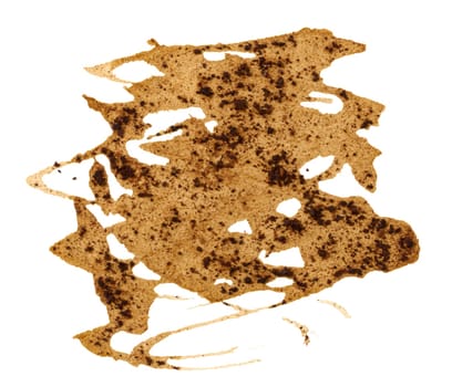 Spilled black coffee on a white isolated background, blot
