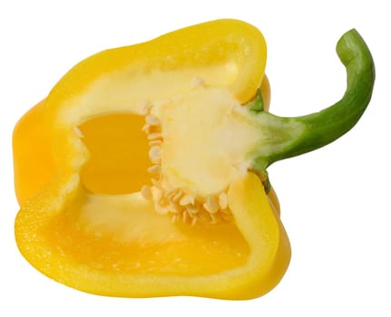 Half of yellow pepper with seeds on white isolated background