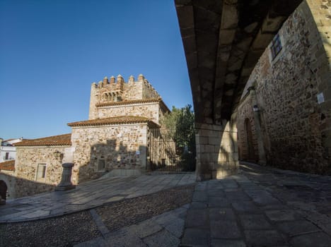 Estrella Arch stairs with Bujaco Tower at bottom. Main access to Caceres Monumental Complex