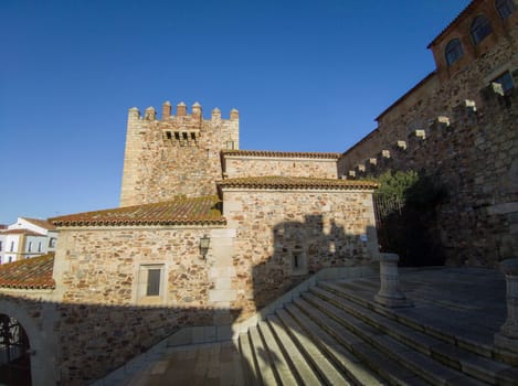 Estrella Arch stairs with Bujaco Tower at bottom. Main access to Caceres Monumental Complex