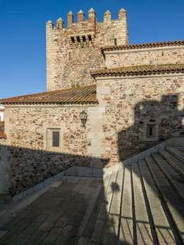 Estrella Arch stairs with Bujaco Tower at bottom. Main access to Caceres Monumental Complex
