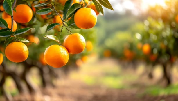 Ripe oranges for harvest, on the side there is room for text.