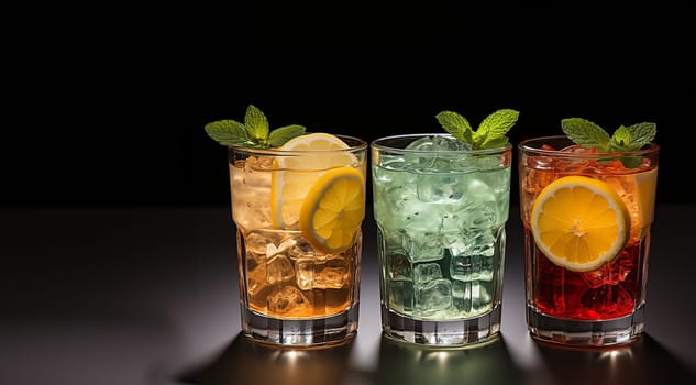 Row of various drinks on light background. Collection of various alcoholic cocktails drink glasses, icons set, different kind of mocktails colorful. Cocktail party concept celebration