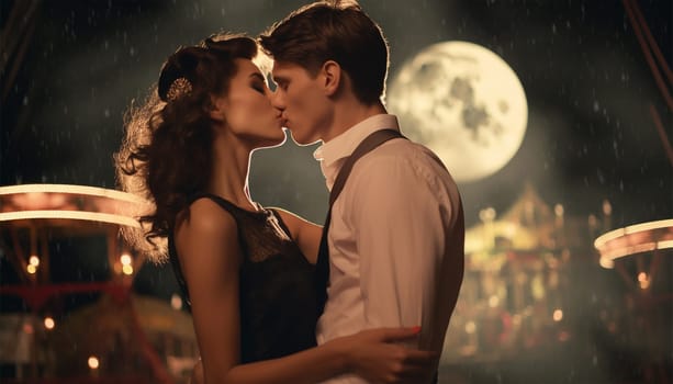 Romantic vintage couple in Amusement park. Couple dating by night with sparkling lights at fair. Cute kiss retro