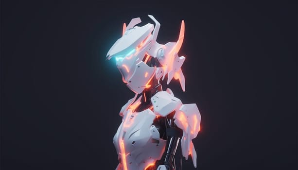 Futuristic cyborg robot neon. Smart city on head AI in image female cyborg or robot woman. Artificial intelligence, IOT technology,bionic in armor. neon light cyberpunk 3D design Space for text
