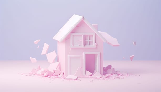 Destroyed house icon.3D pastel color. Concept for family breakup problem or damaged home,house. Needs renovation. Outline destroyed house icon for web design isolated Copy space Space for text