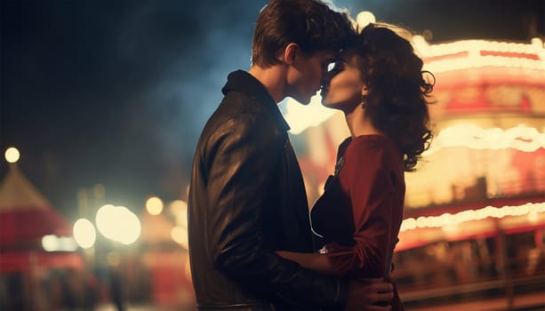 Romantic vintage couple in Amusement park. Couple dating by night with sparkling lights at fair. Cute kiss retro