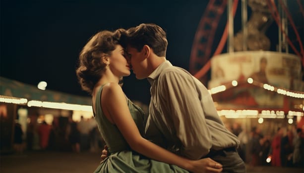 Romantic vintage couple in Amusement park. Couple dating by night with sparkling lights at fair. Cute kiss retro