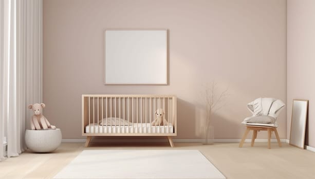 Nursery child's room light brown,nude color,creme interior Mockup wall in the children's room on wall.3D Rendering Bright stylish design cute and cozy Copy space