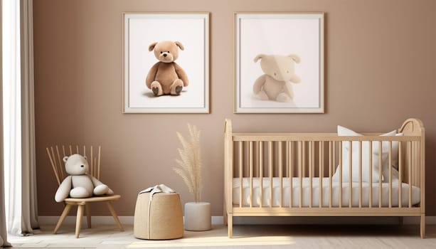 Nursery child's room light brown,nude color,creme interior Mockup wall in the children's room on wall.3D Rendering Bright stylish design cute and cozy Copy space
