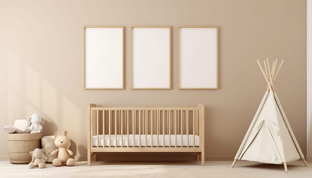 Nursery child's room light brown,nude color,creme interior Mockup wall in the children's room on wall.3D Rendering Bright stylish design cute and cozy Copy space