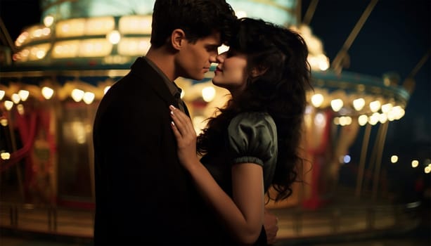 Romantic vintage couple in Amusement park. Couple dating by night with sparkling lights at fair. Cute kiss retro