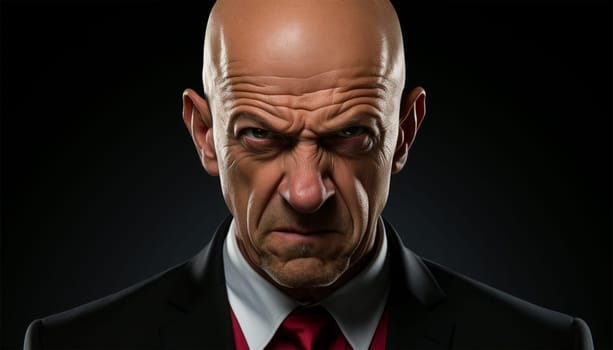 Angry senior businessman sitting at his desk and screaming and shouting with expressive look. Aggressive complaining boss at employee portrait