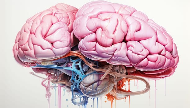 Colorful human brain on white background. Left right human brain concept. Creative part and logic part with social and business doodle watercolor design copy space. Concept human thinking Space for text