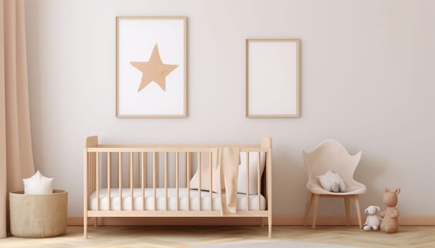 Nursery child's room light brown,nude color,creme interior Mockup wall in the children's room on wall.3D Rendering Bright stylish design cute and cozy Copy space