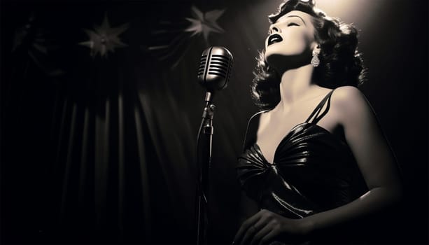 Vintage performer. Singing Woman with Microphone. Beauty Glamour Singer Girl Portrait in club. Vintage Style. Song elegant female beauty