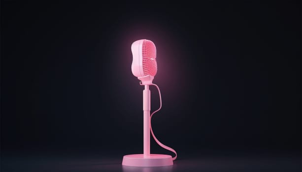 Vintage style microphone in studio neon pink glow. Vivid color banner with copy space black background neon lights. Space for tect