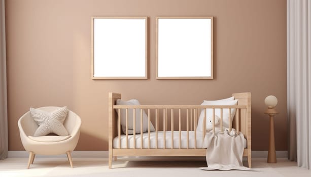 Nursery child's room light brown,nude color,creme interior Mockup wall in the children's room on wall.3D Rendering Bright stylish design cute and cozy Copy space