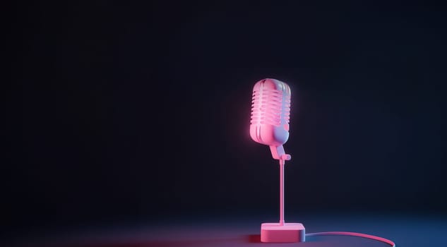 Vintage style microphone in studio neon pink glow. Vivid color banner with copy space black background neon lights. Space for tect