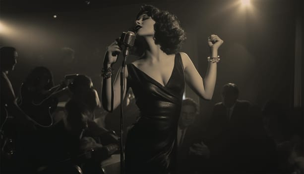 Vintage performer. Singing Woman with Microphone. Beauty Glamour Singer Girl Portrait in club. Vintage Style. Song elegant female beauty