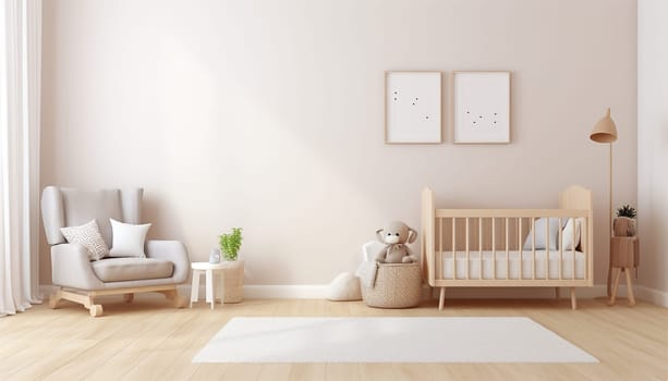 Nursery child's room light brown,nude color,creme interior Mockup wall in the children's room on wall.3D Rendering Bright stylish design cute and cozy Copy space