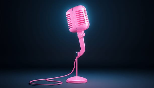 Vintage style microphone in studio neon pink glow. Vivid color banner with copy space black background neon lights. Space for tect