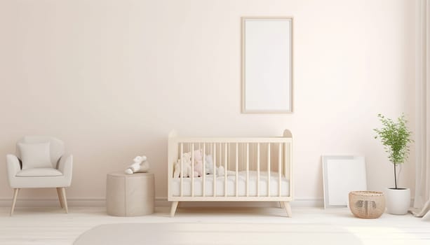Nursery child's room light brown,nude color,creme interior Mockup wall in the children's room on wall.3D Rendering Bright stylish design cute and cozy Copy space