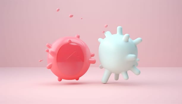 Two cells 3D pastel background. The specific binding between two cells. Virus destruction concept. Bacteria germs Microorganism copy space space for text