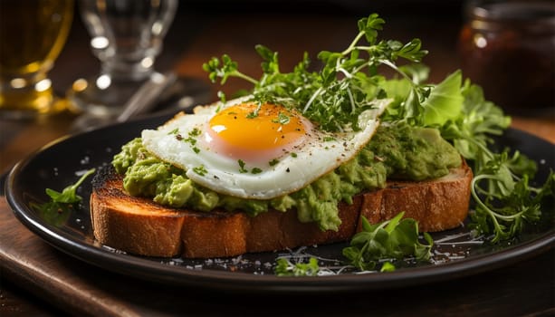 Avocado egg sandwich with whole grain bread on wooden background. Copy space Healthy lunch with fried eggs and Guacamole on toast. Diner or breakfast. Food concept close up