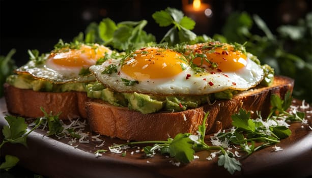 Avocado egg sandwich with whole grain bread on wooden background. Copy space Healthy lunch with fried eggs and Guacamole on toast. Diner or breakfast. Food concept close up