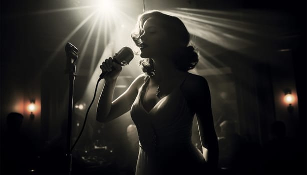 Vintage performer. Singing Woman with Microphone. Beauty Glamour Singer Girl Portrait in club. Vintage Style. Song elegant female beauty