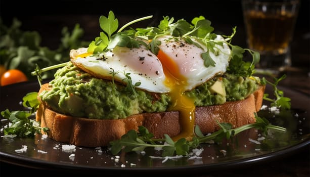 Avocado egg sandwich with whole grain bread on wooden background. Copy space Healthy lunch with fried eggs and Guacamole on toast. Diner or breakfast. Food concept close up
