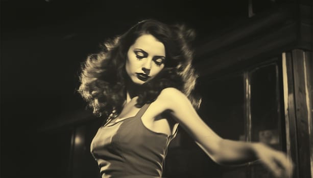 Elegant vintage woman in club or disco. Happy and active dancers woman in retro style clothes dancing disco dance over green background. 1970s, 1980s fashion, music, hippie lifestyle luxury lifestyle