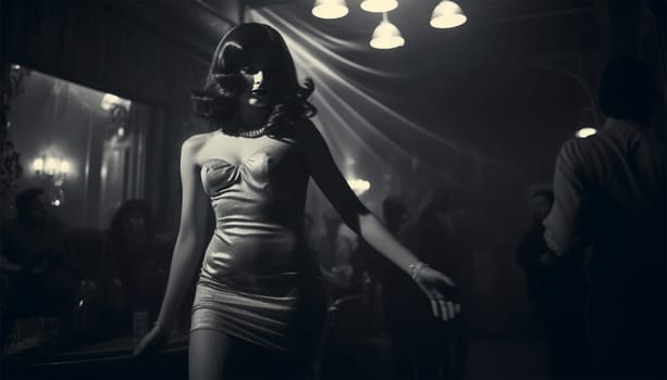 Elegant vintage woman in club or disco. Happy and active dancers woman in retro style clothes dancing disco dance over green background. 1970s, 1980s fashion, music, hippie lifestyle luxury lifestyle