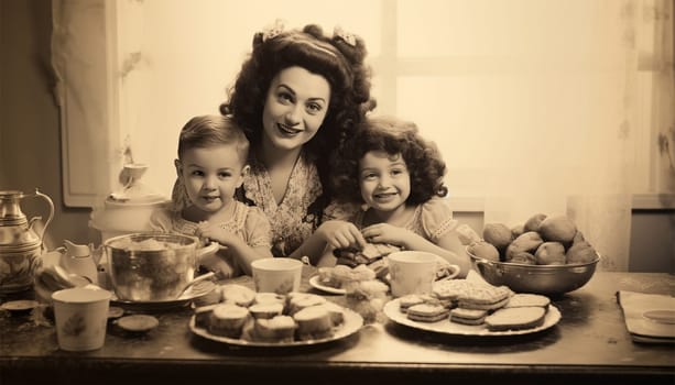 Vintage mother with her two daughters have breakfast at home. Monochrome, grunge textures, intentional styled to the 1950s Retro family concept background at home happy