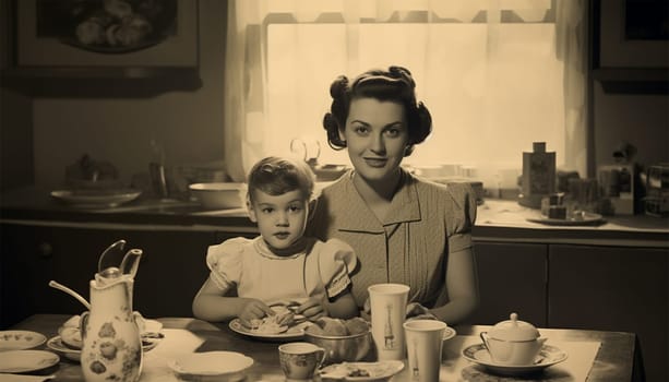 Vintage mother with her two daughters have breakfast at home. Monochrome, grunge textures, intentional styled to the 1950s Retro family concept background at home happy