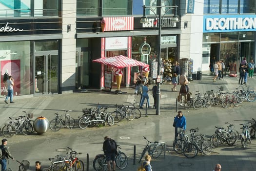 Bird's eye view of a street scene on Rathausstrasse near Alexanderplatz in Berlin