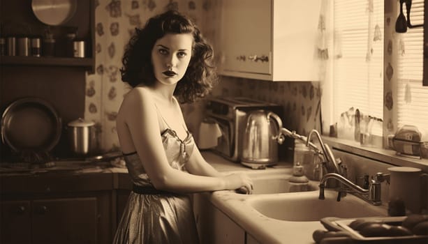 Vintage portrait of a unhappy housewife in the kitchen. Young beauty woman cooks in the kitchen retro style old design beautiful